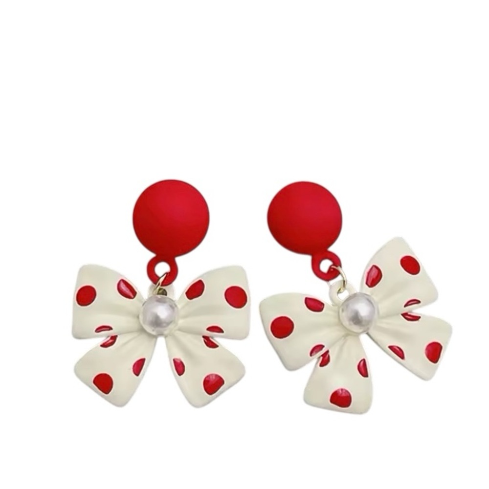 Bowknot Red & White Polka Dot Earrings With Pearl Accent